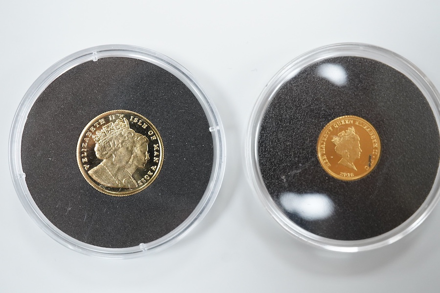 Gold coins, Elizabeth II;, Ascension Island, 1/5 sovereign, 2013, Tristan de Cunha, six gold half crowns (2009 x 4 and 2010 x 2), and a quarter sovereign, 2016, British virgin islands gold $3, 2013, Isle of Man gold 1/5